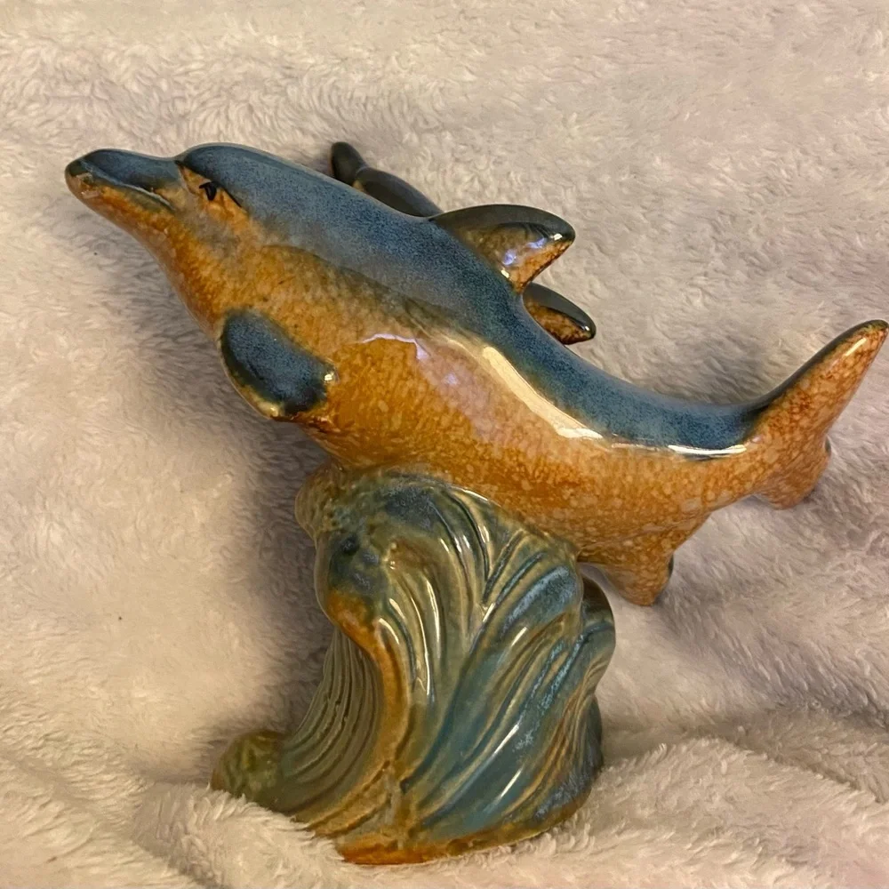 Glazed Pottery Dolphins Figure School Of Dolphins 5”x7